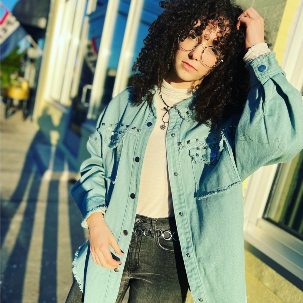 Green frayed trim riveted or studded jean shacket